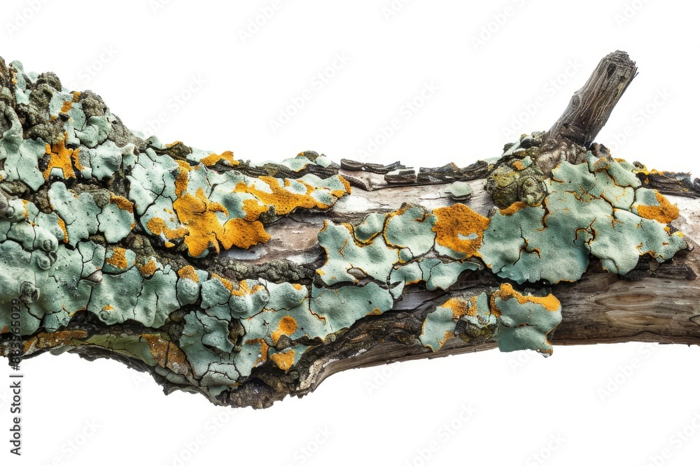 Poster A close-up view of a tree branch covered in lichens, perfect for nature or macro photography themes