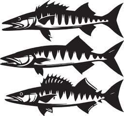 A collection of black and white vector illustrations of barracuda fish