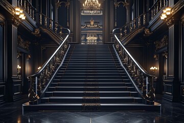 Regal golden Carpet Staircase with Ornate Golden railing, luxury Interior design