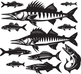 A collection of black and white vector illustrations of barracuda fish