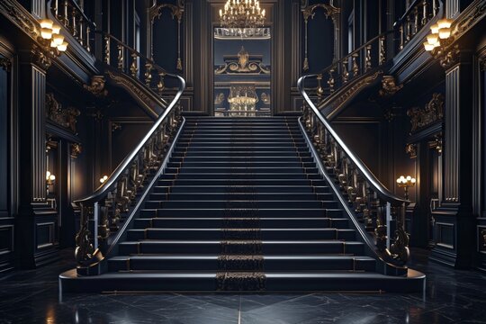Regal golden Carpet Staircase with Ornate Golden railing, luxury Interior design