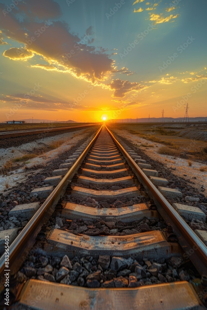 Poster a scenic view of a train track with the sun setting in the background, great for travel or adventure