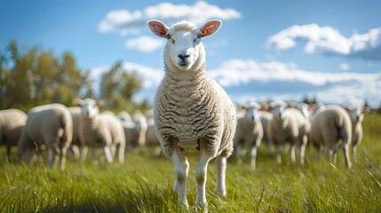 Fototapeta premium Sheep in grass field under cloudy sky, blending with landscape