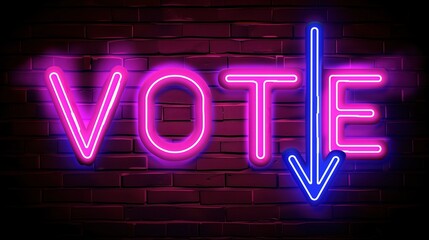 Pink Neon "Vote" Sign with Blue Down Arrow on Dark Brick Wall
