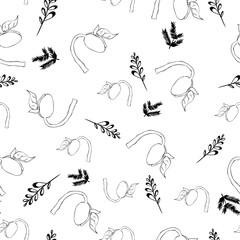 Seamless pattern with bean sprouts and small flowers, black and white illustration