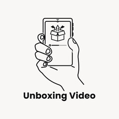Hand holding phone with unboxing video line design vector