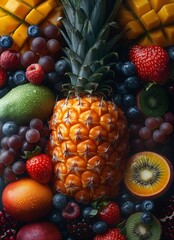 Vibrant assortment of fresh fruits with water droplets, featuring pineapple, strawberries, grapes, kiwi, and mango. Ideal for healthy living and summer refreshment themes.