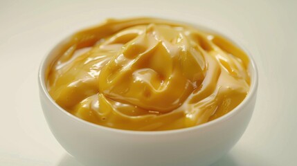 A small bowl containing yellow mustard sits on a flat table or countertop, ready for use