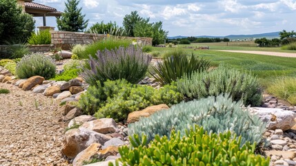 A supernatural scene unfolds with energyefficient landscaping that thrives in xeriscaped designs, promoting water conservation