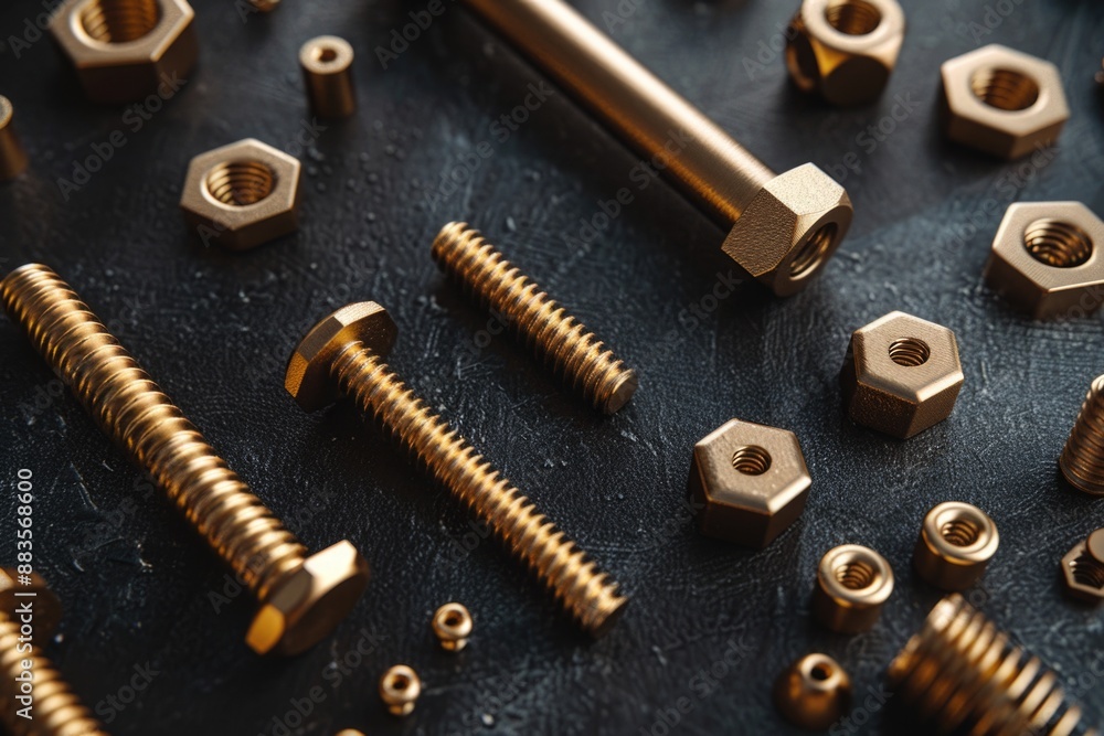 Poster A collection of various nuts and screws on a table, suitable for use in DIY projects or as a prop in still life photography