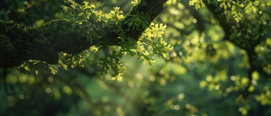 In a supernatural scene, spectral oak leaves drifted from ancient trees, their magical glow illuminating the mystical woodland