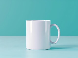 Blank mock up of a mug with a handle, standing upright on a pastel blue background, soft shadows,...