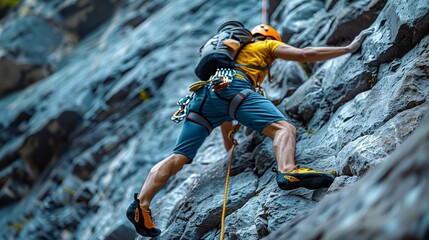 An avid climber ascends a steep rock face equipped with safety gear, showcasing determination and the thrill of extreme sports.