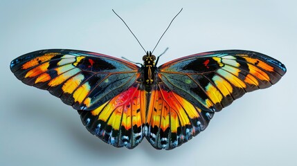 Fototapeta premium A colorful butterfly rests on a white surface in a tranquil scene of nature