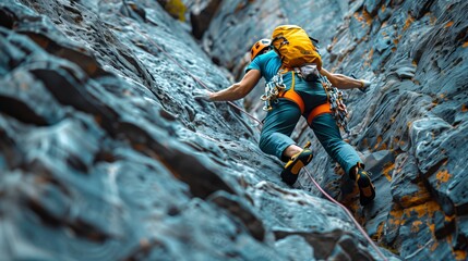 An avid climber ascends a steep rock face equipped with safety gear, showcasing determination and the thrill of extreme sports.