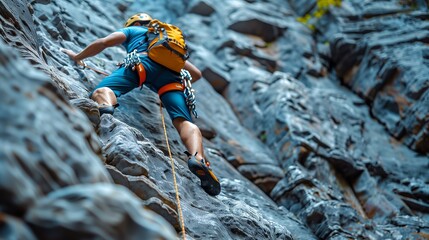 An avid climber ascends a steep rock face equipped with safety gear, showcasing determination and the thrill of extreme sports.