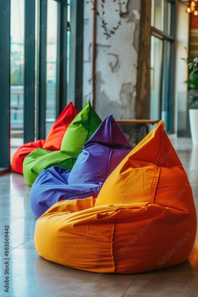 Sticker A collection of bean bags arranged on a tiled floor