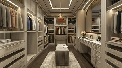 realistic high-resolution photo of walk-in closet, with detailed background