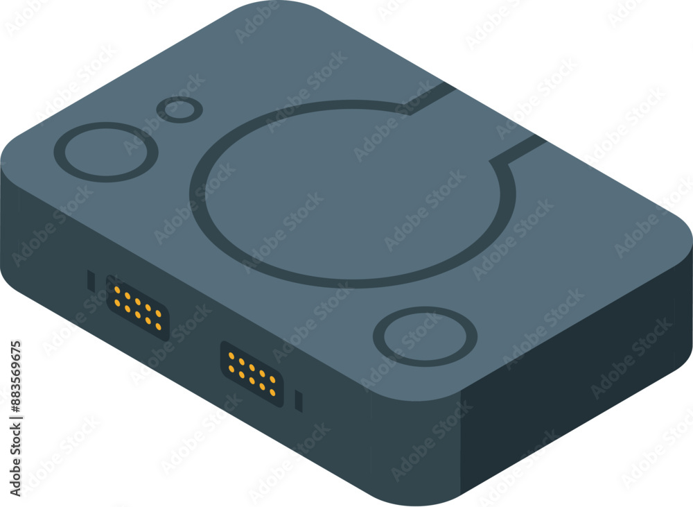 Poster grey game console device showing input output ports for connecting controllers and memory cards