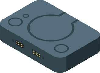 Grey game console device showing input output ports for connecting controllers and memory cards © ylivdesign