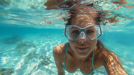 An underwater shot of a female swimmer diving in a crystal-clear blue sea.