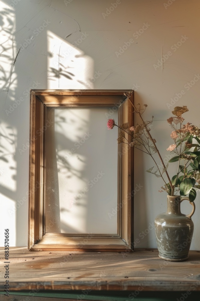 Poster a simple wooden frame sitting on a table, ideal for displaying small items or as a decorative piece