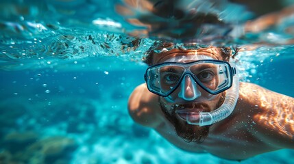 Naklejka premium A male swimmer with goggles dives underwater, showcasing the dynamic movement and clarity of the water illuminated by sunlight.