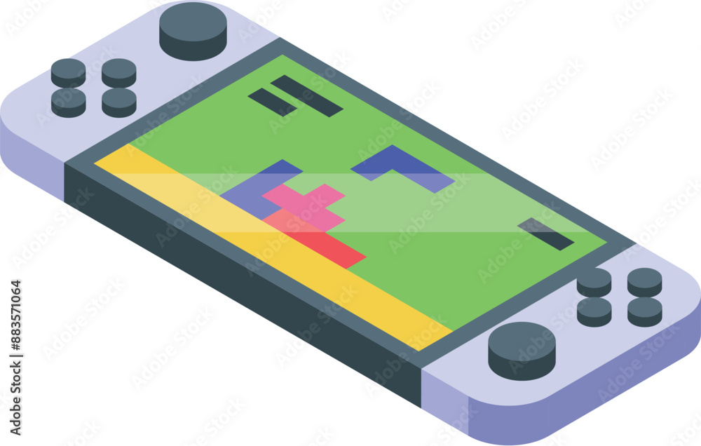 Poster portable gaming console displaying a puzzle game on its screen, inviting players to test their strat