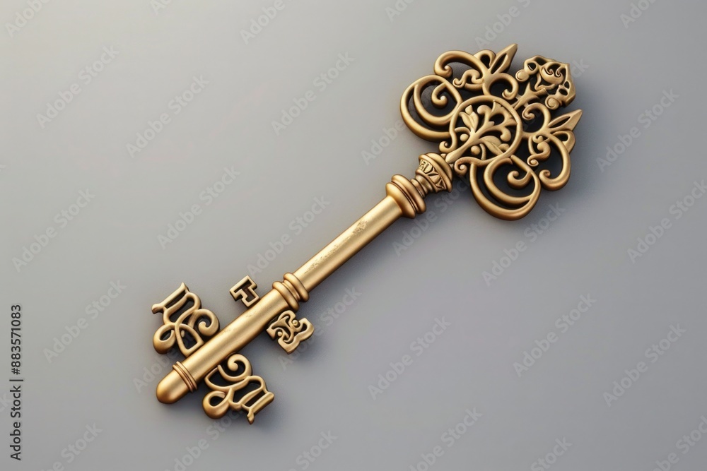 Poster a shiny golden key lying on a smooth gray surface