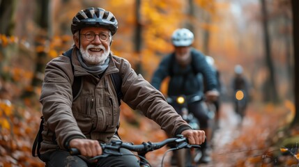 elderly people actively spend time riding bicycles along a scenic forest trail