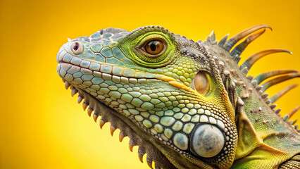 Obraz premium A solitary curious iguana with spiky scales and bright inquisitive eyes peeks out from a solid pastel yellow background, perfect for messaging and advertising.
