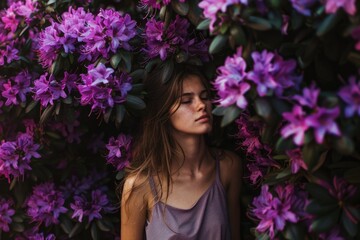 Naklejka premium A woman stands in front of a bush of purple flowers, the bright colors and delicate petals creating a beautiful scene
