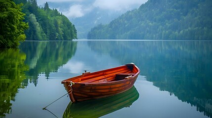 Obraz premium Serenely floating boat on calm lake with vibrant reflections
