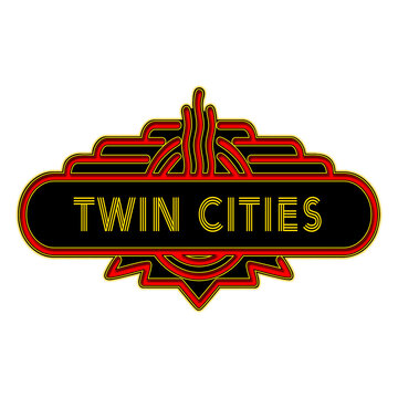 recommend clip art: A retro marquee type sign with the words - TWIN CITIES. The sign features bright orange with gold trim, TWIN CITIES is displayed with a multi-line font that might suggest neon. Art Deco. Vintage.