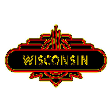 recommend clip art: A retro marquee type sign with the word - WISCONSIN. The sign features bright orange with gold trim, WISCONSIN is displayed with a multi-line font that might suggest neon. Art Deco. Vintage.