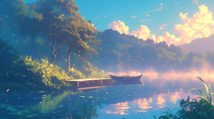 Obraz premium a tranquil anime lakeside scene with a boat, mist rising at dawn, vibrant foliage, and gentle sunlight reflecting on the water