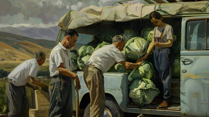 people packing van with cabbage