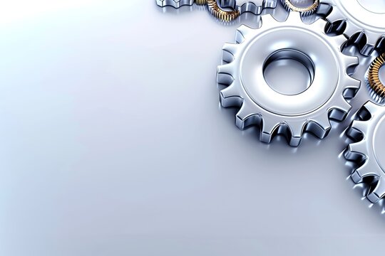 Shiny metallic gears interlocking on a reflective surface with a blue gradient background.