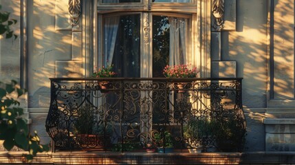 Fototapeta premium A balcony with a wrought iron railing and potted plants, perfect for small outdoor spaces