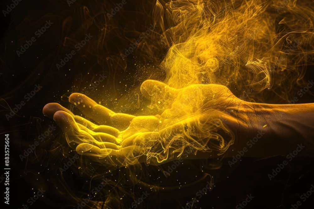 Poster a person holds out their hand with yellow smoke emanating from it, conveying a sense of warning or c