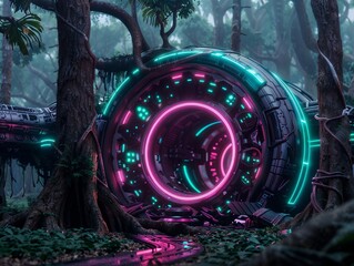 Futuristic Neon Portal in a Mysterious Forest