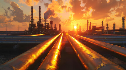 Oil pipe line connect in oil refinery plant. Steel long pipe in crude oil factory on sunset background. 4k