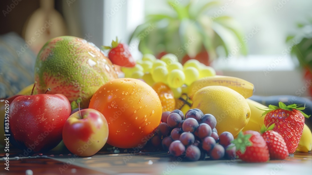 Aufkleber a colorful arrangement of fresh fruits on a rustic wooden table, suitable for use in still life phot