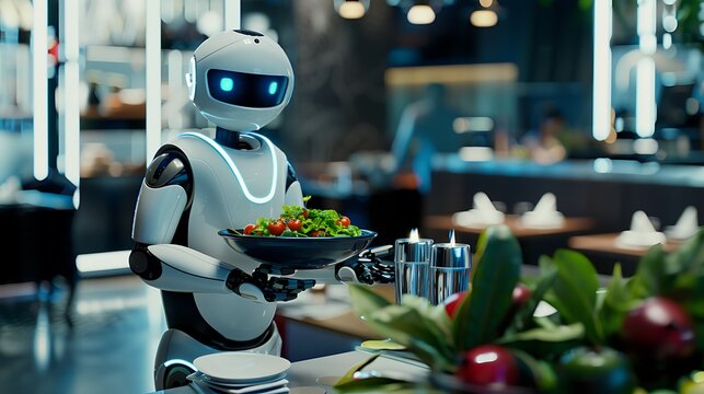 A futuristic robot serving a colorful salad in a sophisticated hotel restaurant.