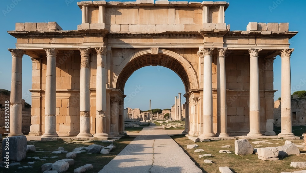 Poster An ancient Roman archway in Perge, Turkey, with a clear blue sky