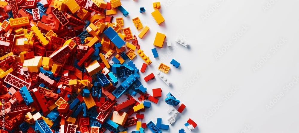 Poster vibrant colorful toy building blocks scattered on a white background with ample copy space