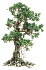 A small bonsai tree sits on a plain white surface, showcasing its delicate branches and leaves