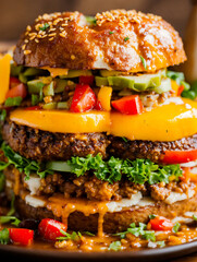 The cheeseburger with beef, lettuce, and tomato is a fast food meal. a grilled hamburger sandwich with cheese on a bun makes a delicious lunch. enjoying a beef burger with fresh bread and tasty toppin