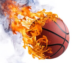 Photo illustration of a basketball with flames depicting a powerful throw. wallpapers. background.
