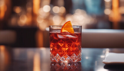 Negroni in a crystal glass with an orange slice in an upscale Italian restaurant